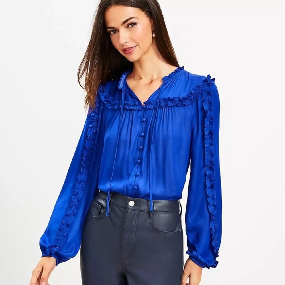 Loft Ruffle Trim Tie Neck Button Up‎ Blouse Long Sleeve Lapis Blue Small